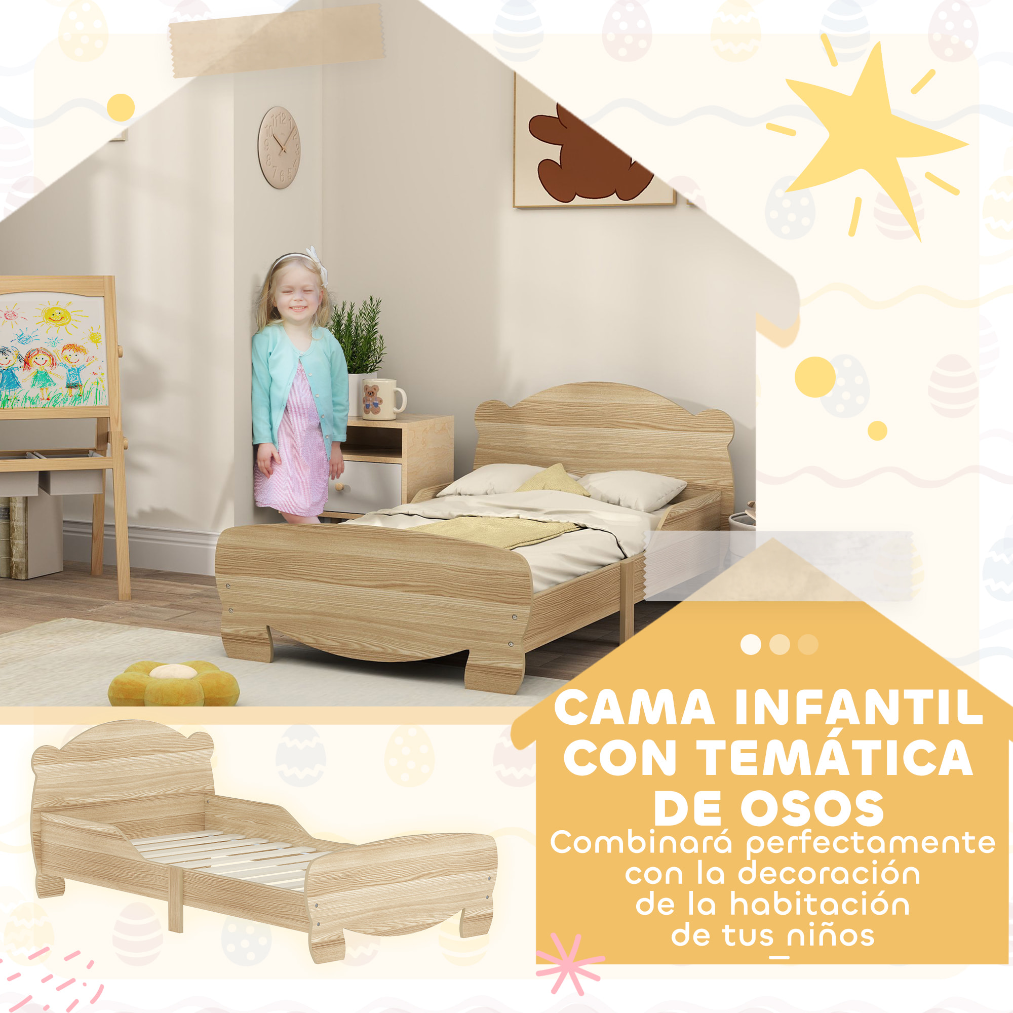 Cama para Niños de +3 Años 140x70 cm Cama Infantil de Madera Cabecero en Forma de Oso Carga 80 kg para Dormitorio Natural
