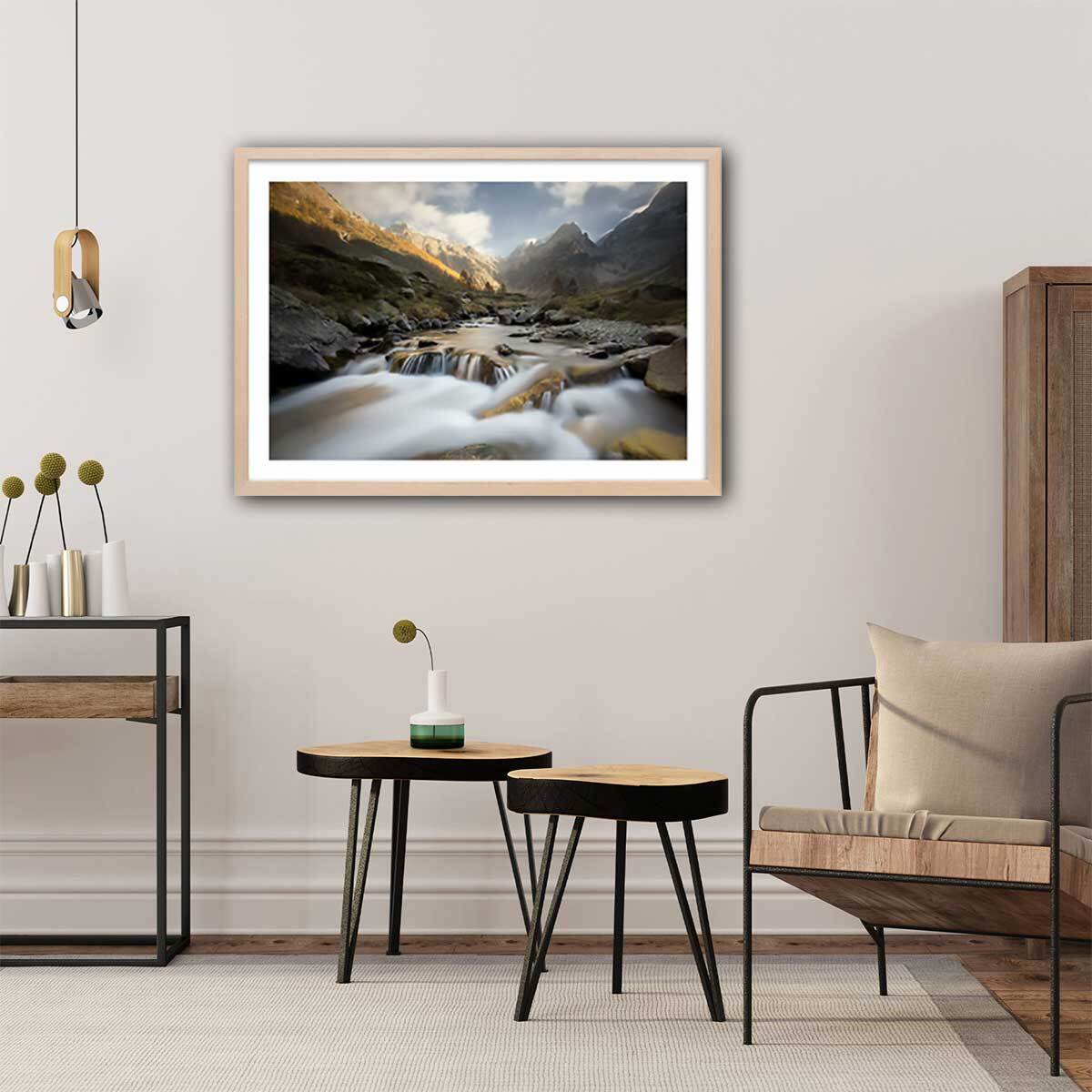 Affiche Rivière des Alpes Affiche + cadre en bois - Chêne