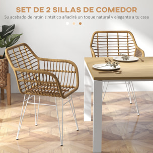 Set de 2 Sillas de Comedor Sillas de Cocina de Ratán PE con Patas de Acero para Salón Balcón Estilo Bohemio Carga 120 kg 56x60x79 cm Marrón