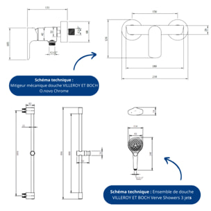Mitigeur mécanique douche O.novo Chrome + Ensemble de douche Verve Showers 3 jets Chrome