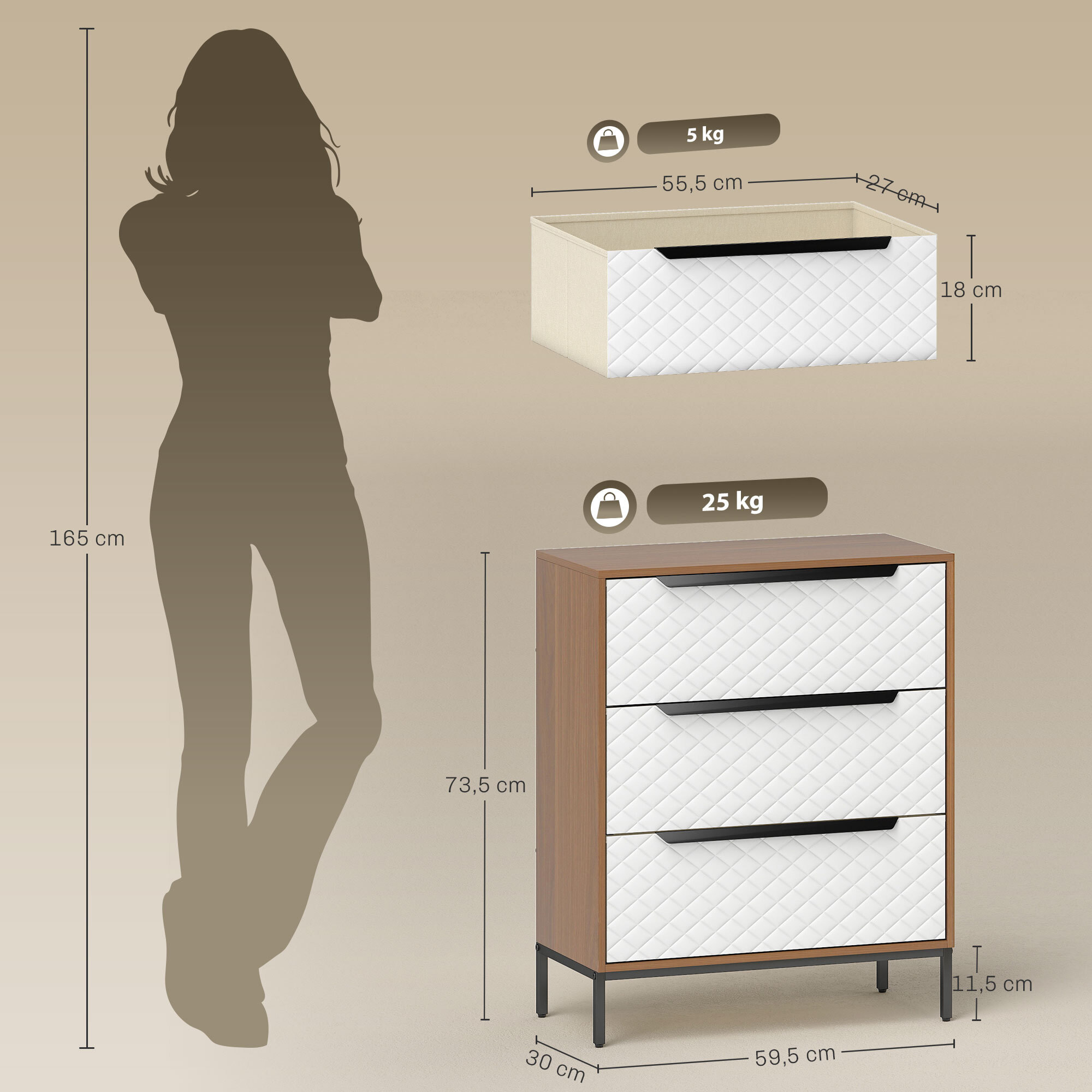 Cómoda con 3 Cajones de Tela, Cómoda para Dormitorio, Frentes con Patrón de Diamante, Cajonera para Salón, Oficina, Vestidor, Natural y Blanco