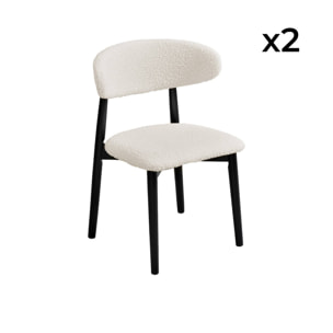 Lot de 2 chaises en bois d'hévéa noir et tissu bouclette blanc crème