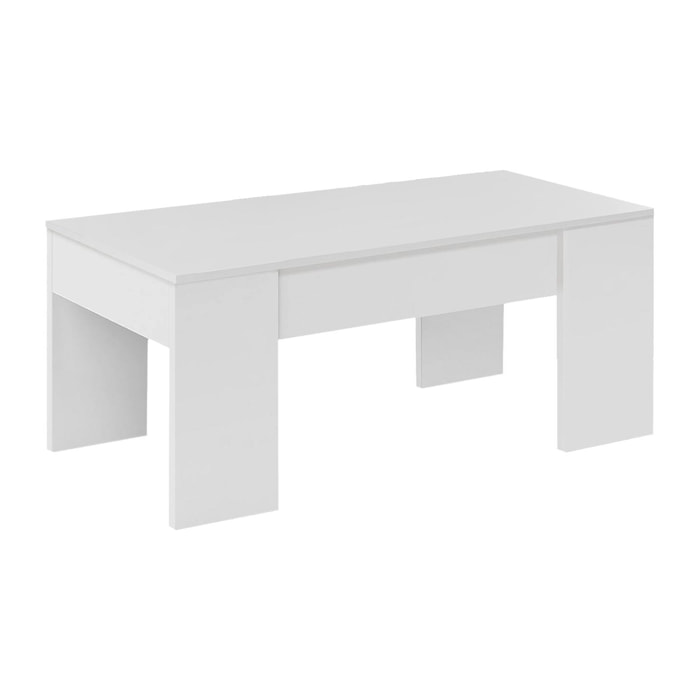 Tavolino da salotto Oceanside, Tavolino da caffè con piano elevabile, Tavolo basso da soggiorno, cm 100x50h45/56, Bianco lucido