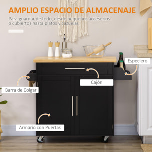 Carrito de Cocina con Armario con Puertas y Estante Interior Ajustable Cajón Barra y Especiero Móvil Aparador Auxiliar con Ruedas para Comedor 109x40x89 cm Negro