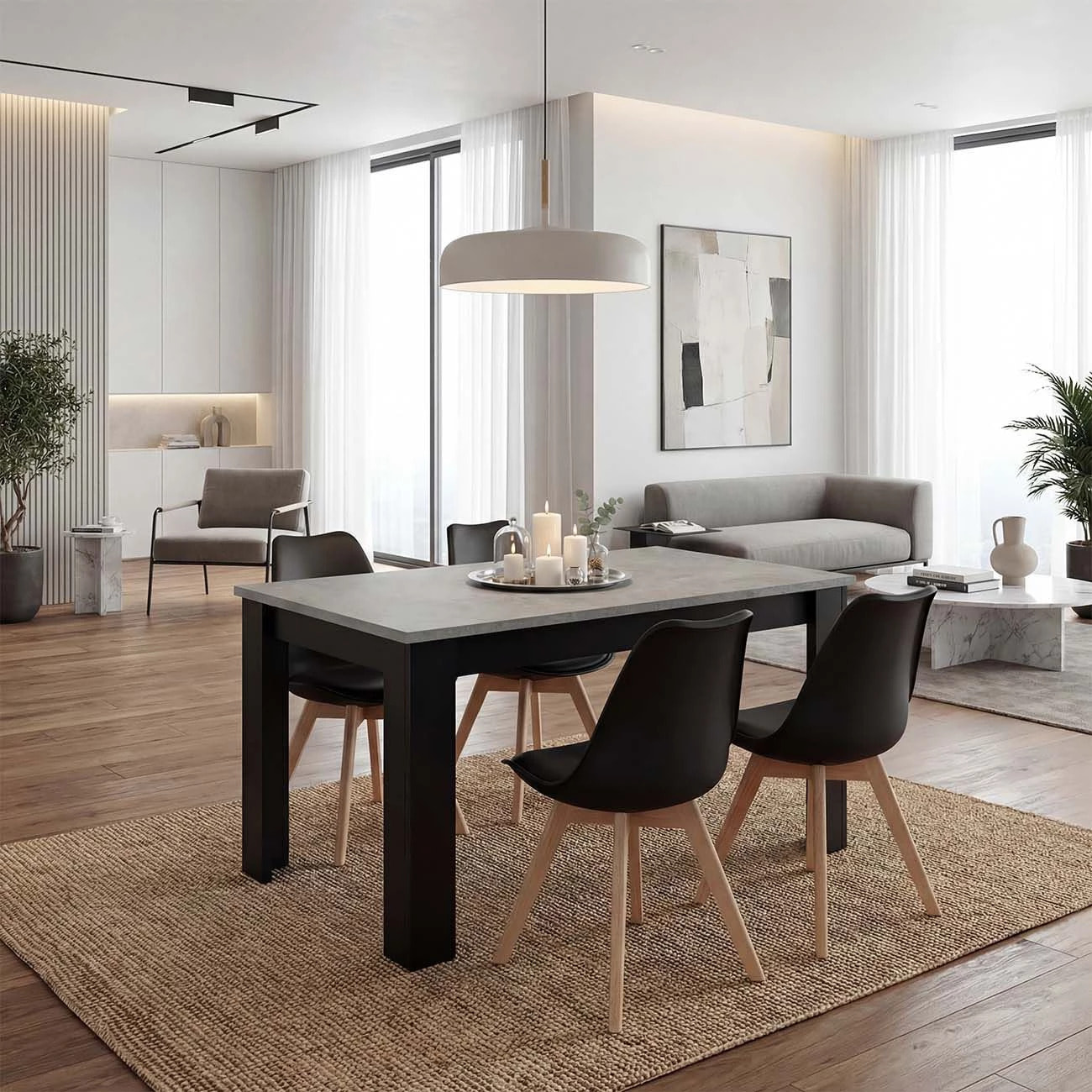 Mesa de comedor extensible en negro mate y gris cemento 140-190x90 cm Sira Negro Mate - Gris Cemento