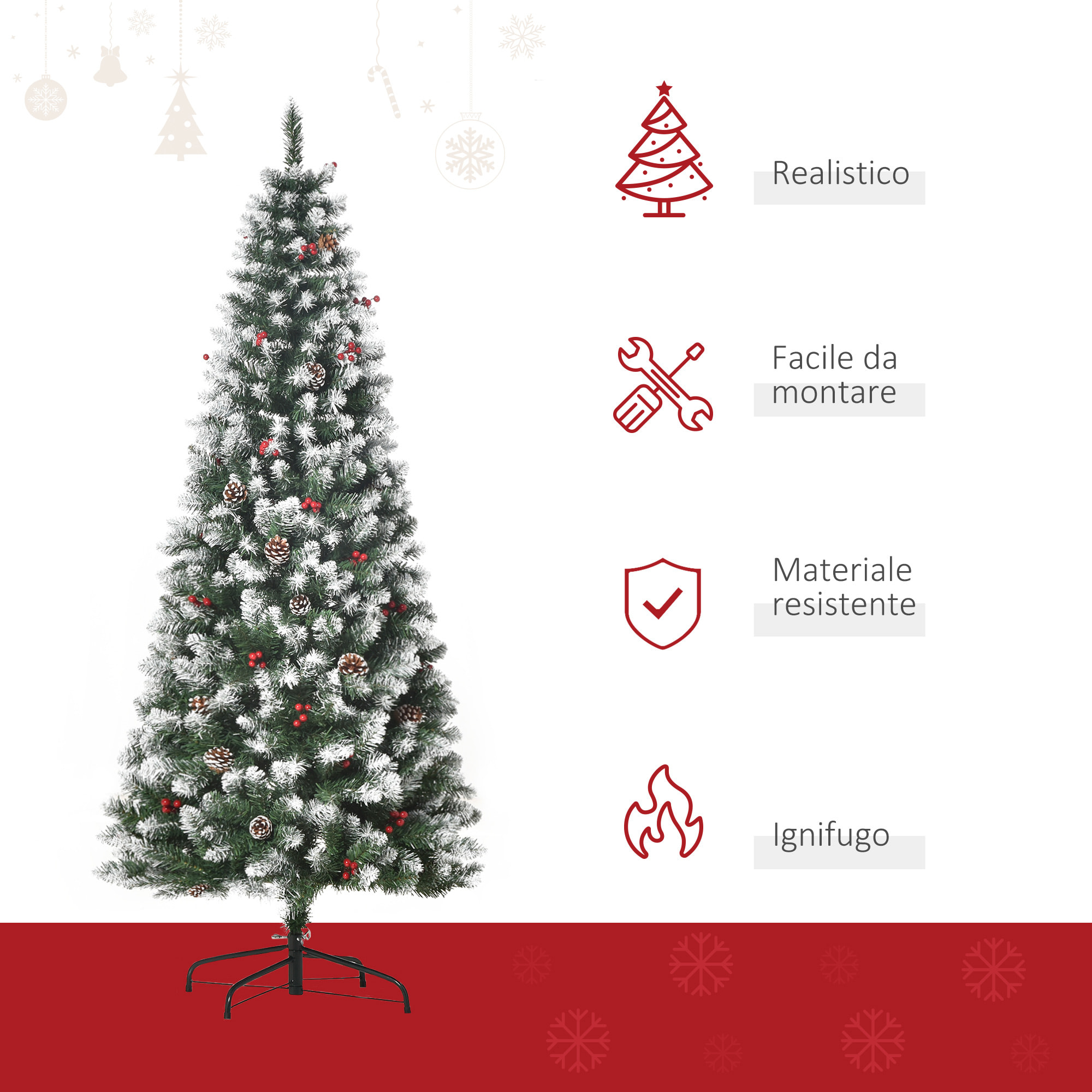 HOMCOM Albero di Natale Innevato Artificiale con Pigne Bianche Base Rimovibile Pieghevole 180cm - Verde