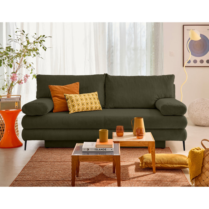 Elton - canapé 3 places convertible avec coffre en velours côtelé - Vert Kaki