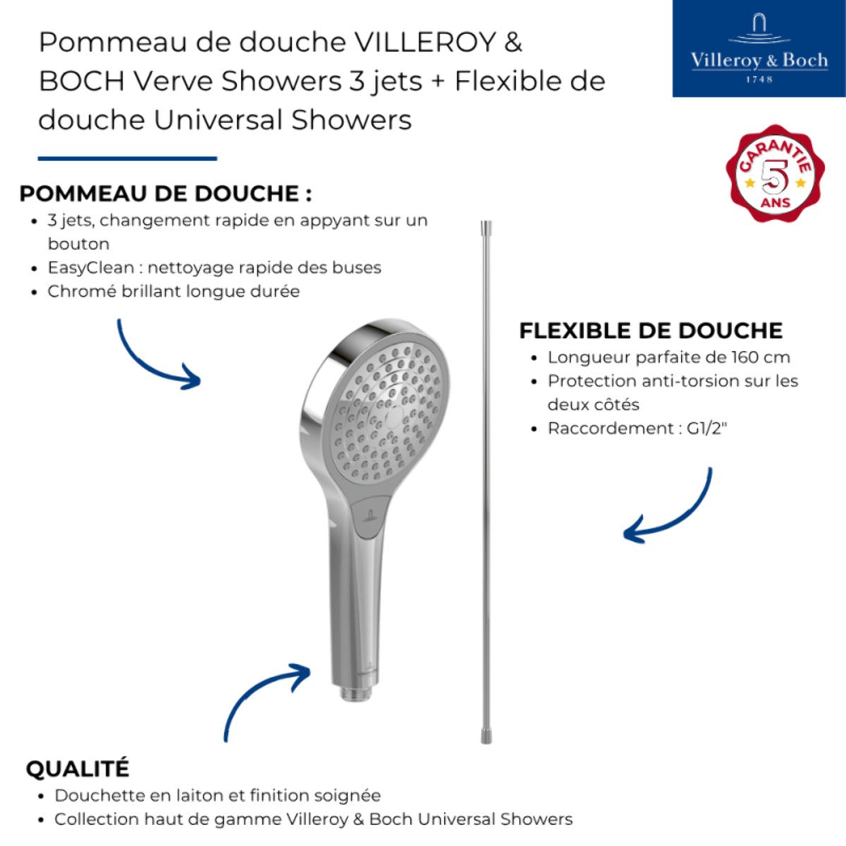 Pommeau de douche VILLEROY & BOCH Verve Showers 3 jets + Flexible de douche Universal Showers 160 cm Chromé