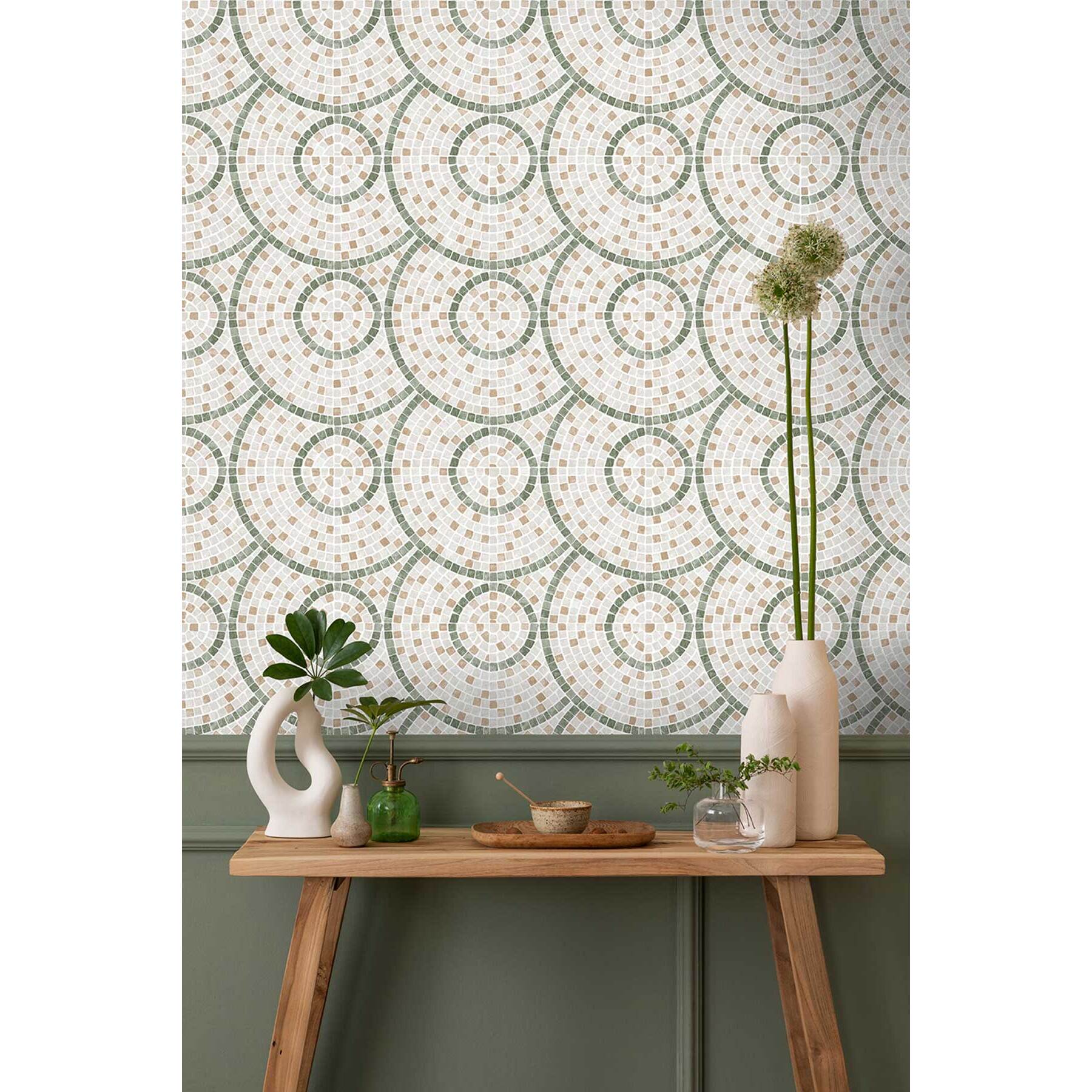 Papier peint mosaïque vert et beige