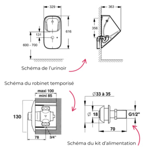 Pack urinoir Struktura blanc + robinet temporisé encasté + kit d'alimentation