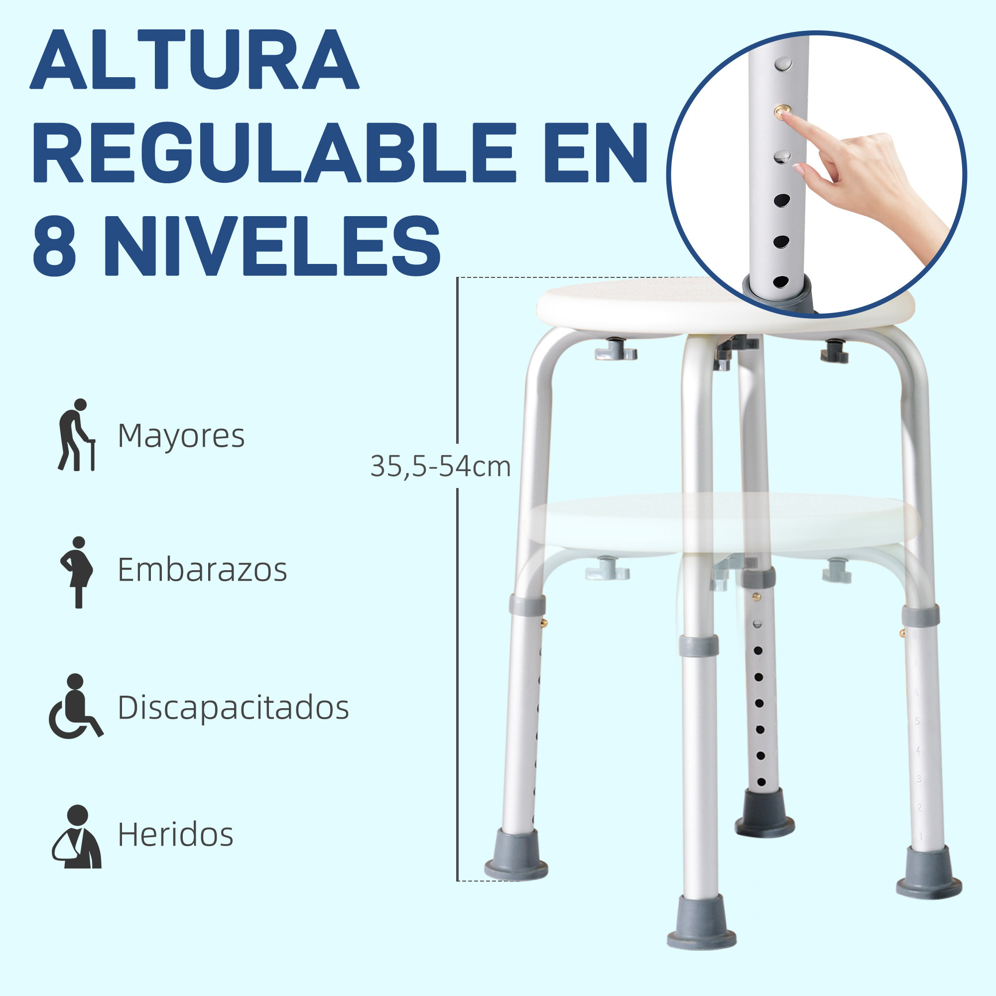 Taburete de Ducha, Silla Ducha Personas Mayores Antideslizante con Altura Regulable, Carga 135 kg, Taburete de Baño para Ancianos y Discapacitados, Blanco