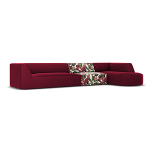 Canapé d'angle droit "Charles" 5 places en velours motif de rose de jardin,rouge