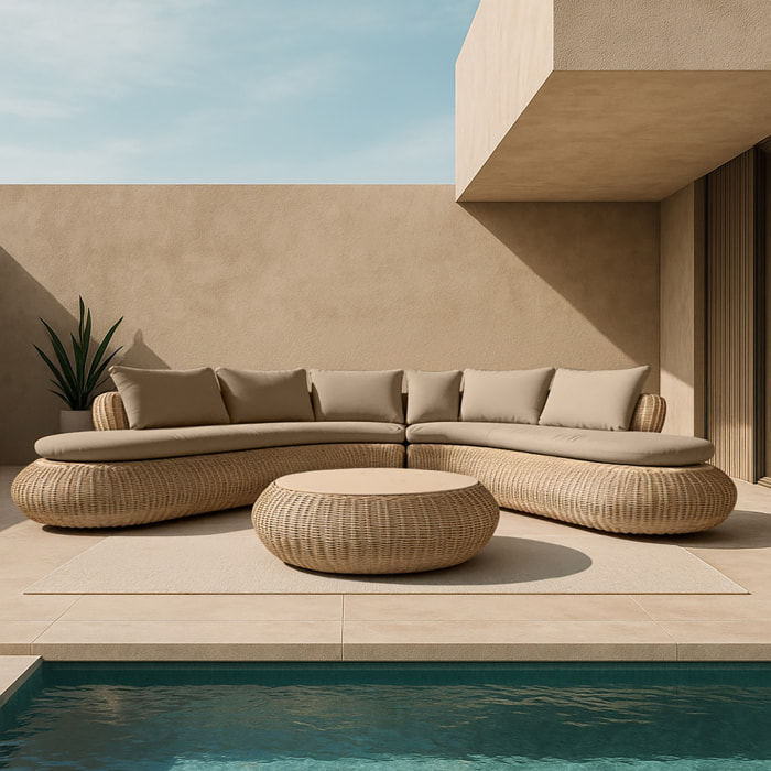 Salon de jardin en résine tréssée effet rotin tressé beige 7 places MAJORELLE