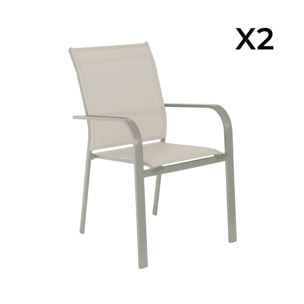 Lot de 2 fauteuils de jardin BUFFALO empilables aluminium et textilene kaki. 64.5 x 45.5 x 89.5 cm