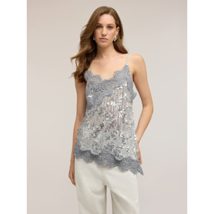 Motivi - Top in tulle con paillettes e pizzo - Grigio