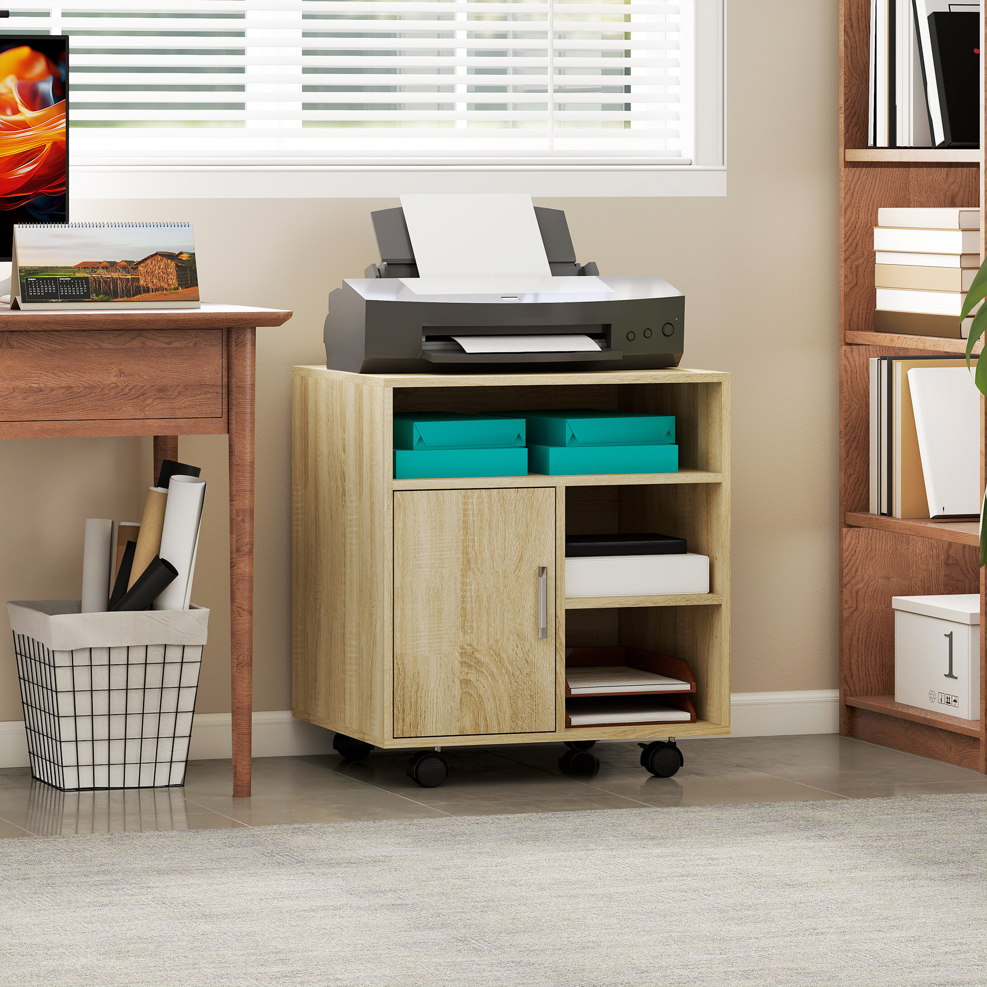 Mueble para Impresora con Ruedas, Soporte de Impresora con Compartimentos Abiertos y Puerta, para Oficina, Hogar, Estudio, 60x50x65,5 cm, Natural