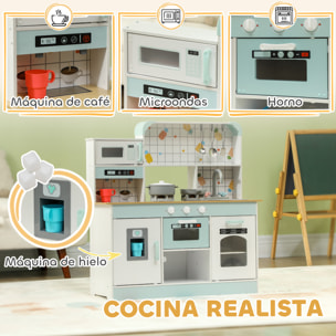 Cocina de Juguete para Niños +3 Años Cocina de Madera Infantil Cocinita Infantil con Sonido Fogón Grifo Fregadero Microondas Cafetera Máquina de Hielo y Accesorios de Cocina Blanco