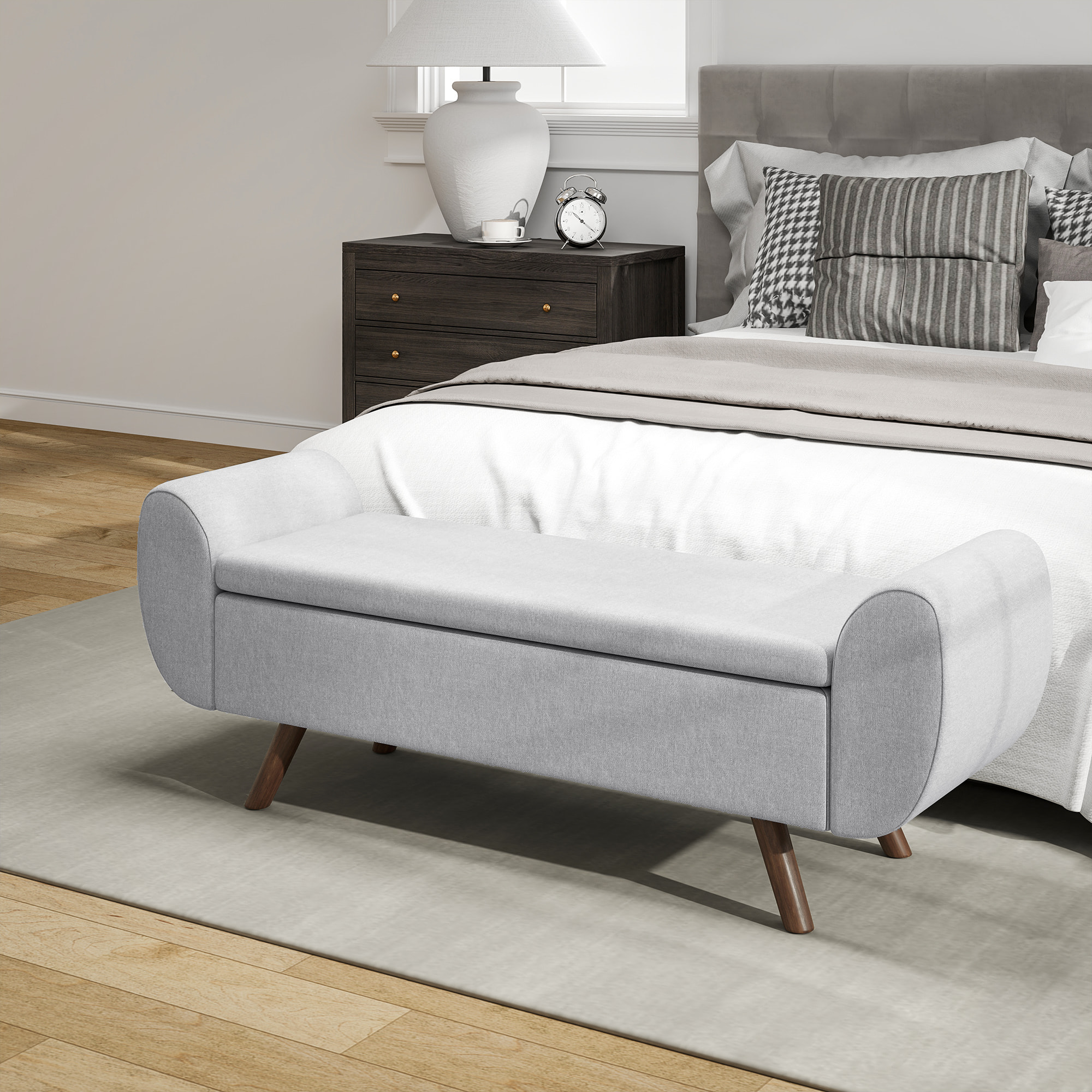Banc coffre design - banquette avec rangement - dim. 132 x 42 x 50 cm - piètement bois tissu gris clair