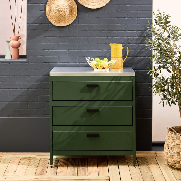 Cuisine d'extérieure en acier vert avec 3 tiroirs L80cm