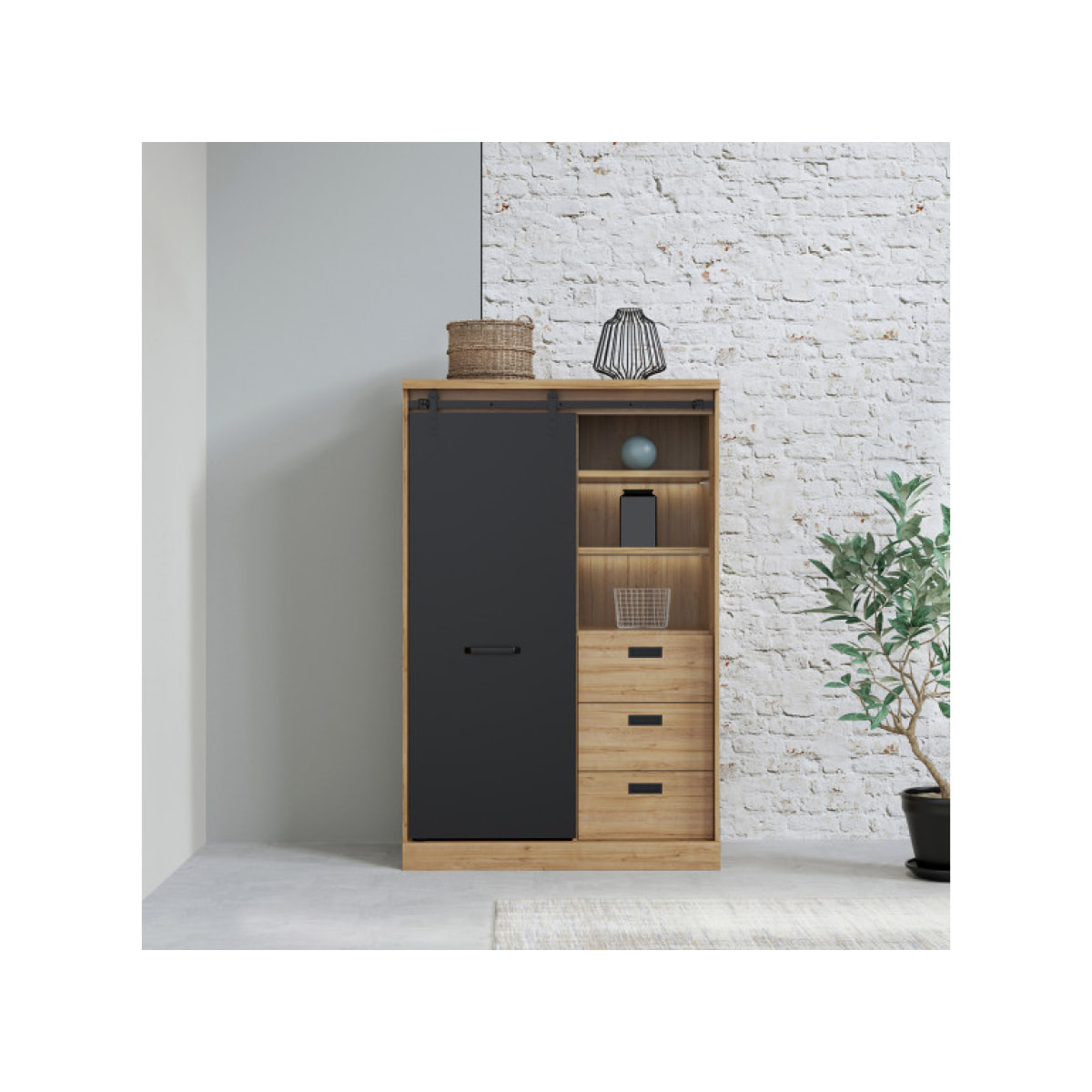 Buffet haut avec LED en bois effet chêne & noir - FACTORY