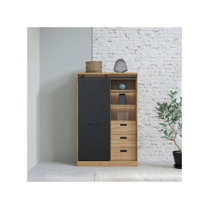 Buffet haut avec LED en bois effet chêne & noir - FACTORY