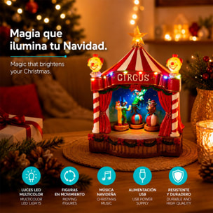 Circo navideño decorativo con led, movimiento y música, alimentación usb en poliresina 17,5x14,5x24 cm