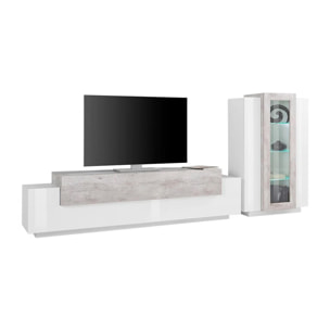 Parete attrezzata da soggiorno modulare, Made in Italy, con luce LED bianca, Base porta TV e vetrina, Set salotto moderno, cm 290x45h121, colore Bianco lucido e Cemento