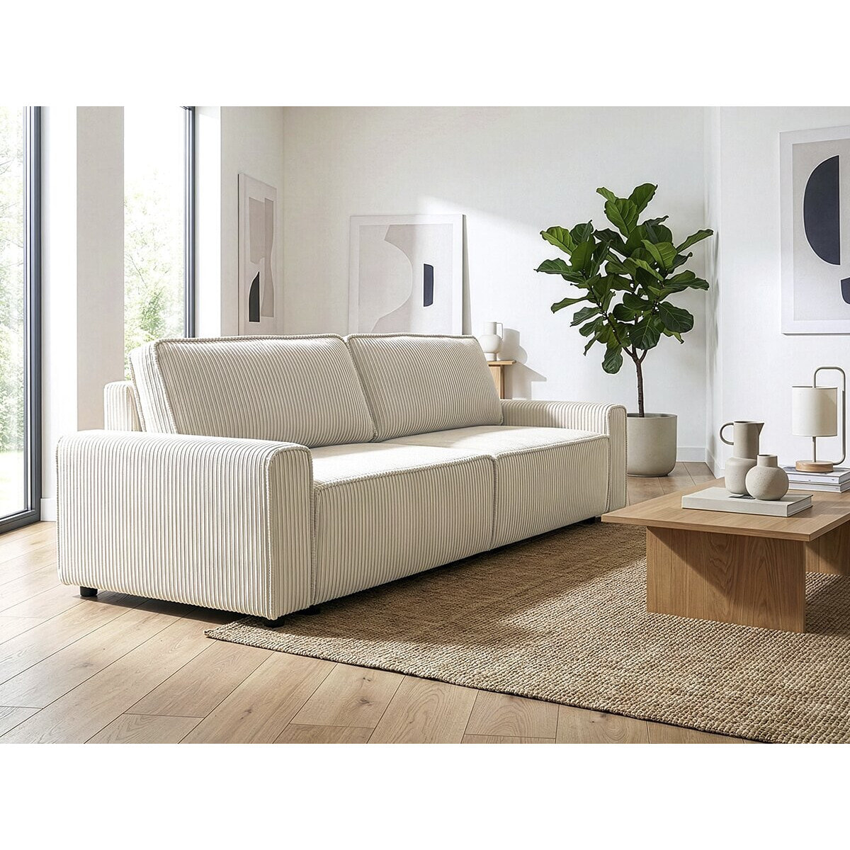 Canapé convertible en velours côtelé "Montaigne" -3 places - Beige