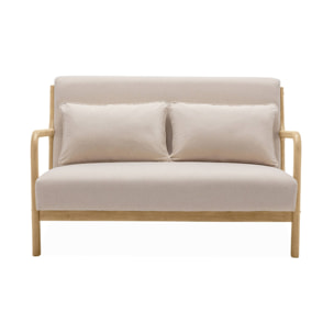 Banquette 2 places scandinave en bois et tissu beige. Lorens. L 124 x P 83 x H 77cm cm