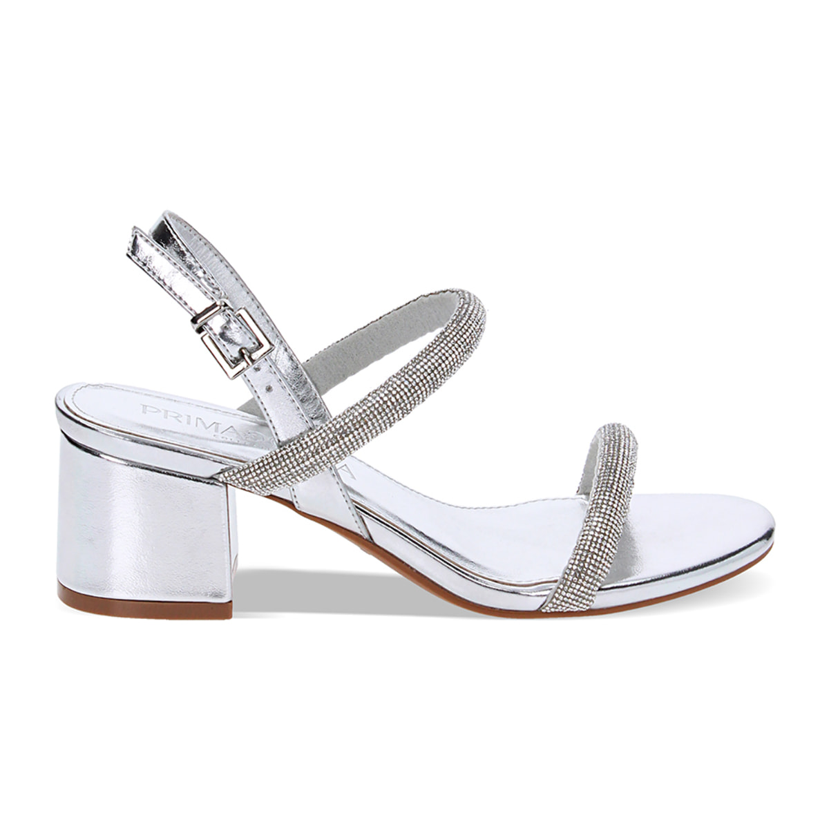 Sandalias con tacón plateado en laminado con piedras