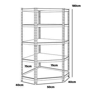 Nook - Scaffale angolare per carichi pesanti in metallo e MDF con 5 ripiani regolabili 180x75x40 cm