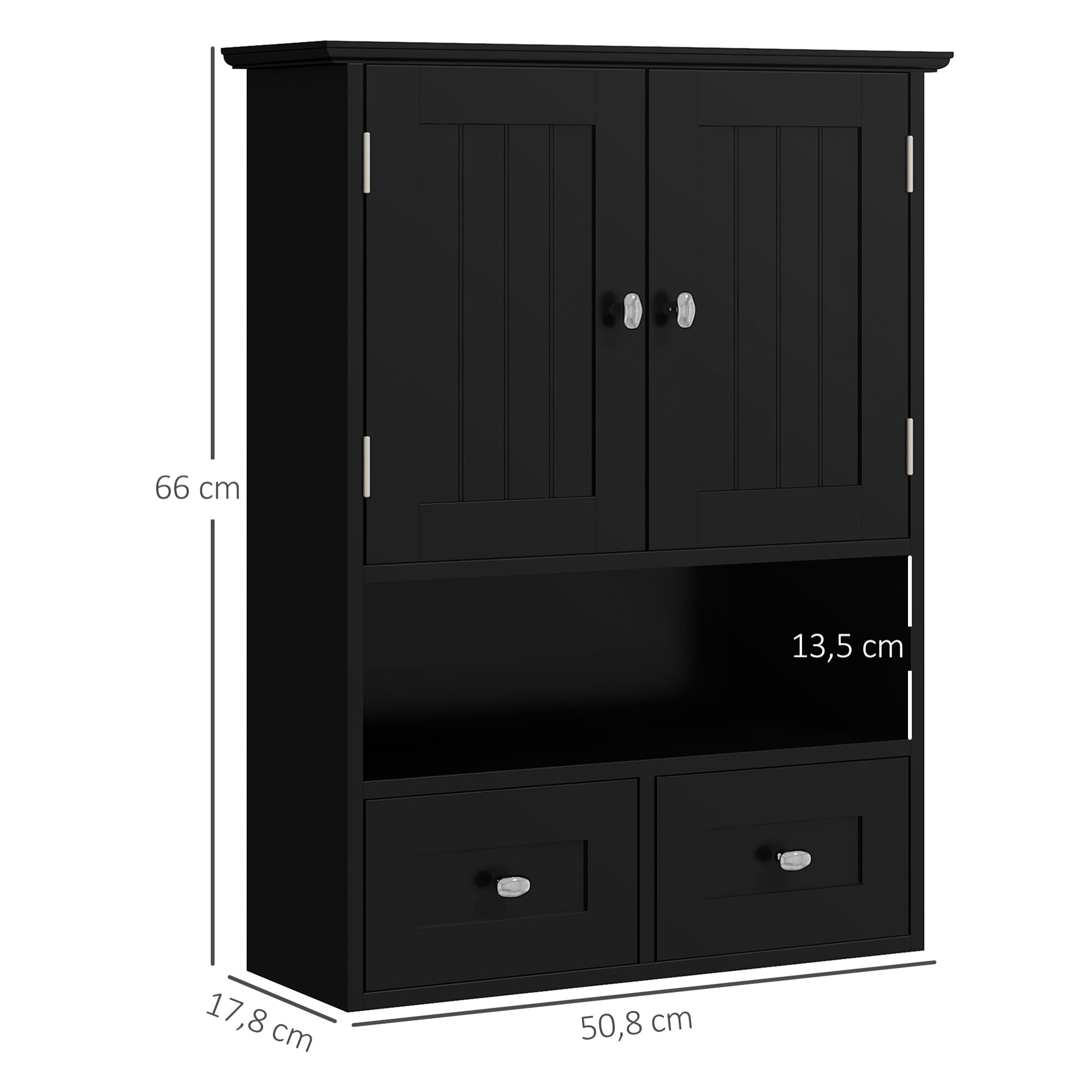 Armario de Baño de Pared, Armario Colgante, Mueble Suspendido de Baño, 2 Puertas con Cierre Magnético, 2 Cajones y Estante Abierto, para Cocina, Lavadero, 50,8x17,8x66 cm, Negro