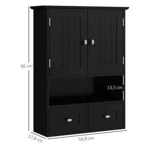 Armario de Baño de Pared, Armario Colgante, Mueble Suspendido de Baño, 2 Puertas con Cierre Magnético, 2 Cajones y Estante Abierto, para Cocina, Lavadero, 50,8x17,8x66 cm, Negro