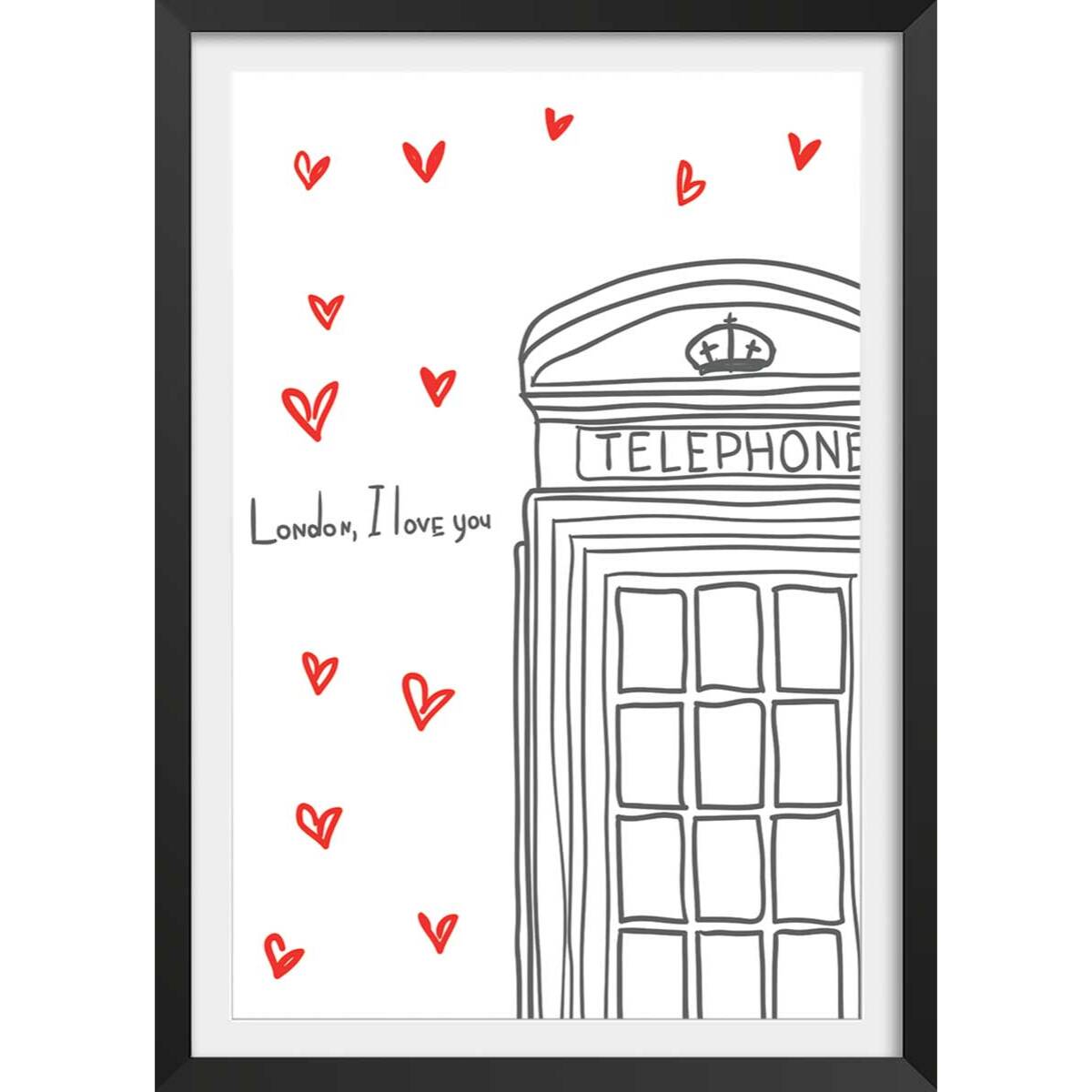 Affiche london i love you telephone boxes Affiche + cadre en bois - Noir