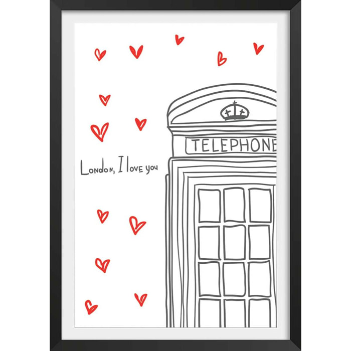 Affiche london i love you telephone boxes Affiche + cadre en bois - Noir