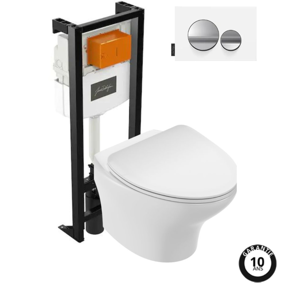 Pack WC suspendu sans bride Nouvelle vague+ bâti-support + plaque Chrome brillant/Blanc mat