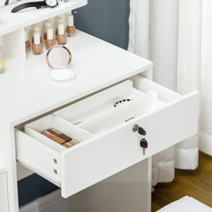 Ensemble coiffeuse tabouret design contemporain multi-rangement 4 tiroirs 4 étagères grand miroir blanc