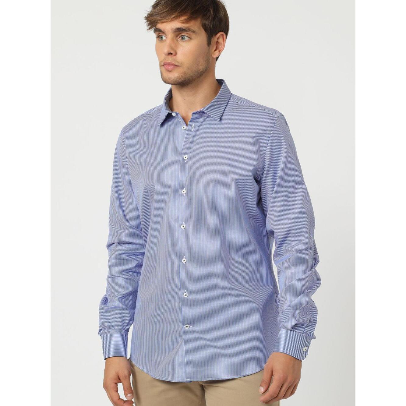 Camicia Uomo 1 Bottone Italiano Slim Armaturato Bacchet Blu Inchiostro\Bianco