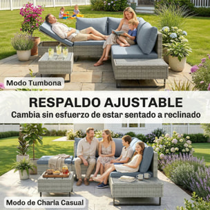 Conjunto de Jardín de Ratán de 3 Piezas, Respaldo Ajustable, Conjunto Terraza, Muebles Jardín Exterior Incluye Cojines, Sofá de 3 Plazas, Sofá de 2 Plazas, Mesa de Madera Plástico, Gris