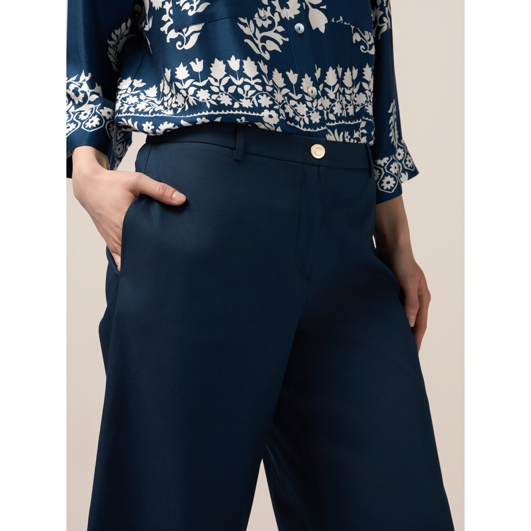 Oltre - Pantalones palazzo de mezcla de algodón - Azul