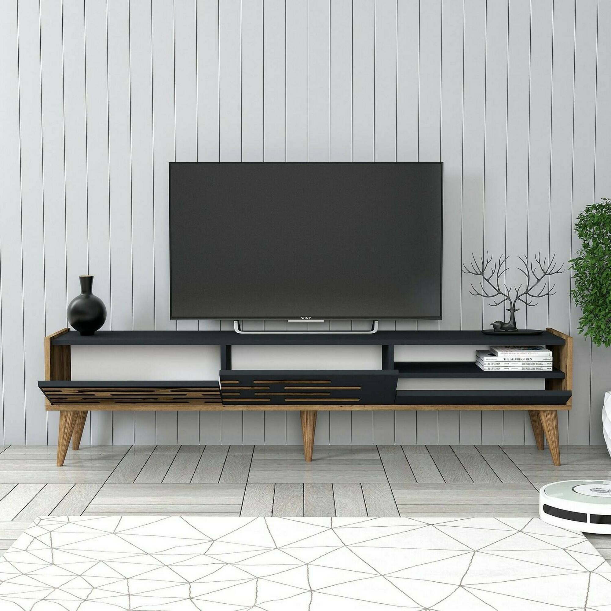 Mobile porta TV Dbrunozz, Credenza da soggiorno, Armadio basso per TV, Base parete attrezzata, 180x45h35 cm, Antracite e Noce