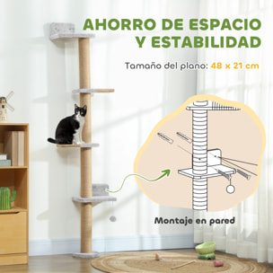 Árbol para Gatos de Pared de 5 Niveles, Rascador para Gatos Estrecho con Bola de Juguete y Rascadores de Sisal, 48x21x180 cm, Gris Claro