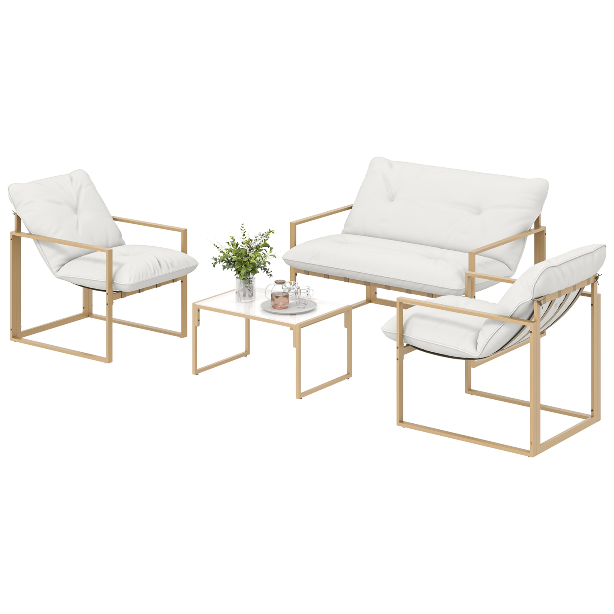 Salon de jardin extérieur 4 pièces avec coussins ultra-épais 15cm - ensemble mobilier de jardin et salon bas pour terrasse - canapé 2 places avec table basse et 2 fauteuils, cadre acier kaki