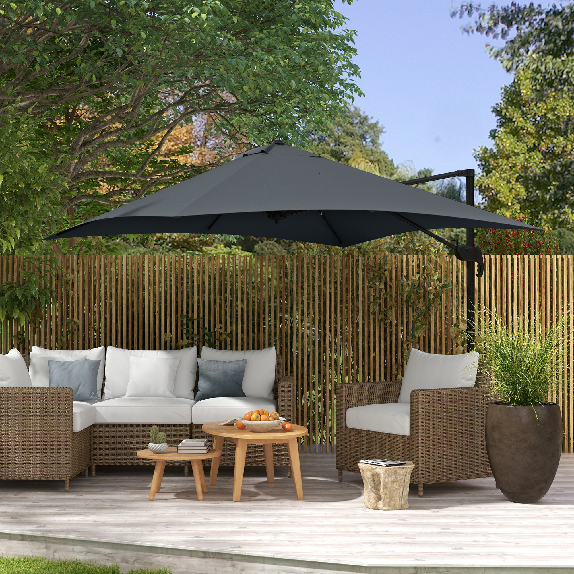 Parasol déporté carré inclinable pivotant 360° manivelle piètement acier dim. 2,95L x 2,95l x 2,66H m gris