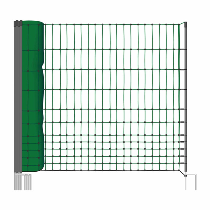 Kit filet clôtures pour poules 50m avec 14 piquets double pointes. modulable. porte d'accès. sardines incluses