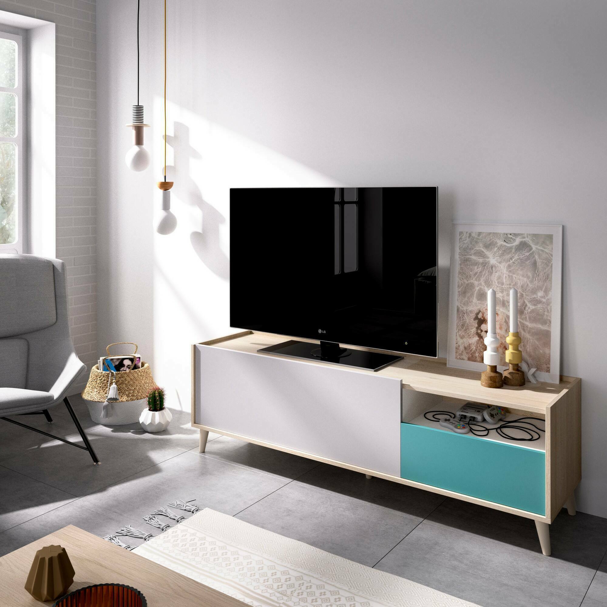 Mobile porta TV Tamaro, Credenza bassa da soggiorno, Madia da salotto per televisione, 155x43h47 cm, Rovere e Bianco