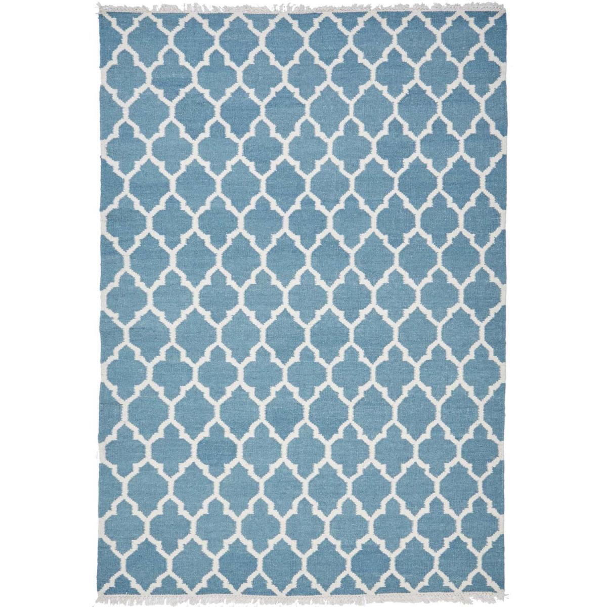 Tapis Kilim tissé à la main en laine motif Géométrique bleu et blanc