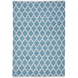 Tapis Kilim tissé à la main en laine motif Géométrique bleu et blanc