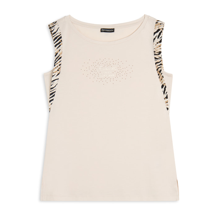 T-shirt senza maniche con dettagli dorati e animalier