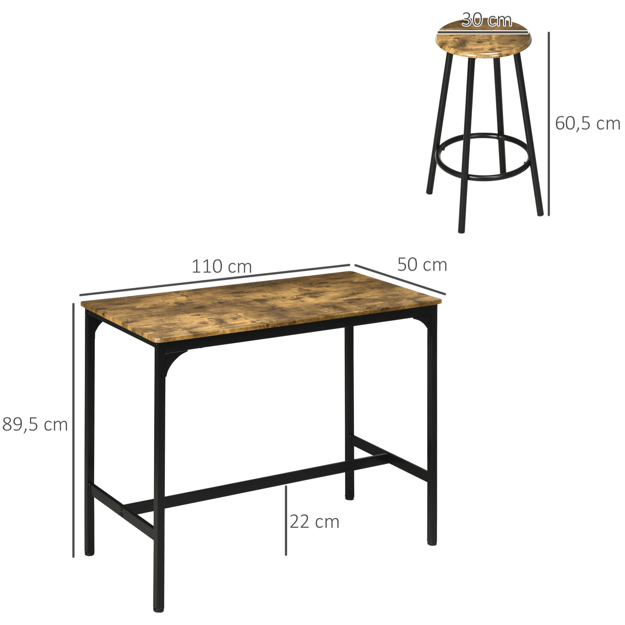 Ensemble table de bar 4 tabourets style industriel métal noir aspect bois vieilli